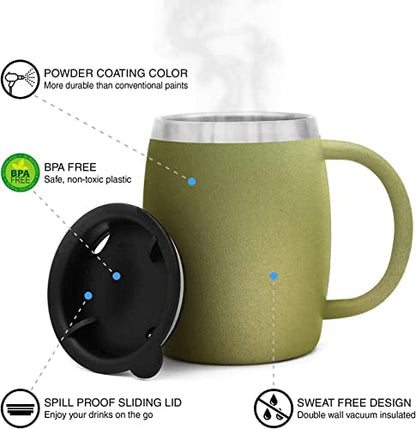 Stainless Steel Insulated Coffee Mugs Set of 2 (14oz) – Double Wall Coffee Cups With Spill Resistant Lid & Strong Handle, Shatterproof Cups for Cold Drinks, Hot Beverages, Indoor & Outdoor Use - color: Army Green