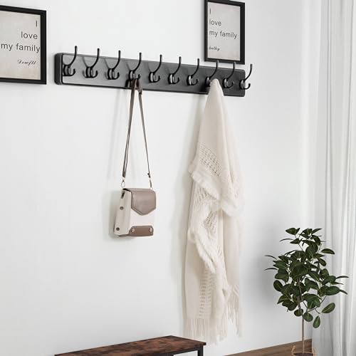Wall Mounted Coat Rack: 38-1/4" Long, Patented, Heavy-Duty, 10-Double-Hooks Wooden Hanger Rail for Winter Coats, Hats, Jackets, Clothing - Black, Pack of 2 - color: Black, size: L=38.3"(2pcs)