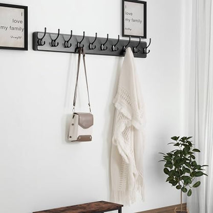 Wall Mounted Coat Rack: 38-1/4" Long, Patented, Heavy-Duty, 10-Double-Hooks Wooden Hanger Rail for Winter Coats, Hats, Jackets, Clothing - Black, Pack of 2 - color: Black, size: L=38.3"(2pcs)