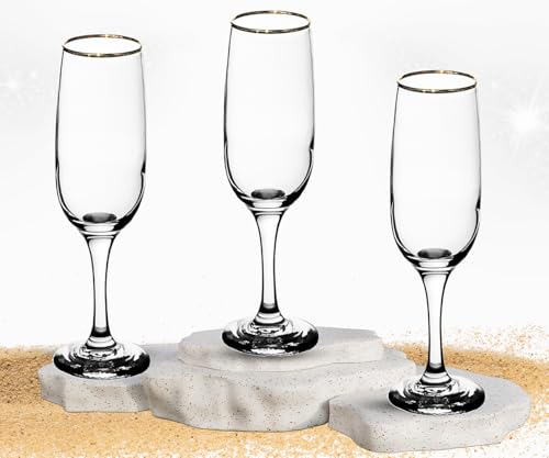 Elegant Flute Stemware, 8 Ounce - Set of 12, Champagne Glass with Gold Rim - Crystal Clear Drinking Glass for Red Wine, Cocktails and Other Beverages - For Home and Bar