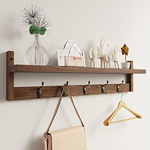 AMBIRD 28.9 Inch Length Shelf with Hooks Entryway Coat Rack Wall Mount Wood Coat Hooks with Shelf Wall-Mounted Coat Hook Rack with 5 Dual Hooks for Bathroom, Living Room, Bedroom (Brown) - size: 28.9inch, style: Retro Brown