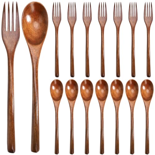 16 Pcs 9" Wooden Spoons Forks Set, Wood Dinner Utensil Set for Eating, Kitchen Reusable Flatware Tableware, Natural Cutlery Include 8 Spoons and 8 Forks, for Cooking Home Restaurant, Brown