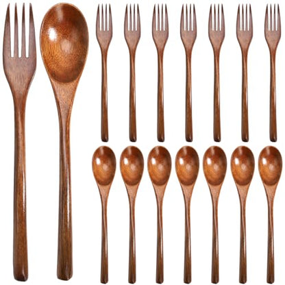 16 Pcs 9" Wooden Spoons Forks Set, Wood Dinner Utensil Set for Eating, Kitchen Reusable Flatware Tableware, Natural Cutlery Include 8 Spoons and 8 Forks, for Cooking Home Restaurant, Brown