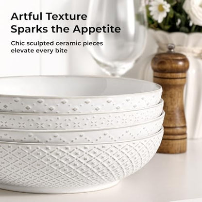 Y YHY 8.5" Pasta Bowls Set of 4, 30 oz Embossed Salad Bowls for Serving Soup, Noodle, Fruit, Dinner, Kitchen Deep Plates, Ceramic Dinnerware Sets, Soft White Dishes for Thanksgiving Day Gifts - size: 8.5 IN