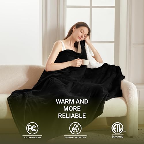 Heat Blanket 90”x100” King Size-Dual Control,Soft Flannel & Sherpa Electric Blanket with 10 Heat Settings,12 Timer Setting and 8 Hours Auto-Shut Off,ETL Certified Machine Washable,Black - color: Black, size: 90*100in