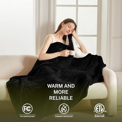 Heat Blanket 90”x100” King Size-Dual Control,Soft Flannel & Sherpa Electric Blanket with 10 Heat Settings,12 Timer Setting and 8 Hours Auto-Shut Off,ETL Certified Machine Washable,Black - color: Black, size: 90*100in