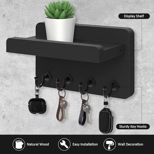Nekon Key Holder Wall Mount, 8.5 Inch Small Wooden Wall Organizer, Black | Rustic Wall Shelf, Farmhouse Key and Mail Holder for Living Room Entryway Kitchen - color: Black