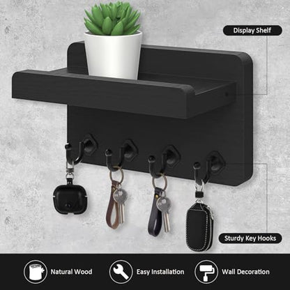 Nekon Key Holder Wall Mount, 8.5 Inch Small Wooden Wall Organizer, Black | Rustic Wall Shelf, Farmhouse Key and Mail Holder for Living Room Entryway Kitchen - color: Black