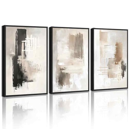 PHOPAGO Modern Abstract Framed Wall Art Mid Century Minimalist Beige Pastel Neutral Wall Decor for Kitchen Hallway - 12x16in Black Framed - color: White Abstract, size: 16L" x 12W" x 3 Pcs Black