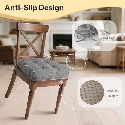 Anti Slip Kitchen Chair Cushions Set of 4 18"X16.5"X3" Grey | Elegant Breathable Textured Fabric, with Ties, Tufted, Thick Polyester Filling, for Dining Chairs, Folding Chairs, Office - color: Grey