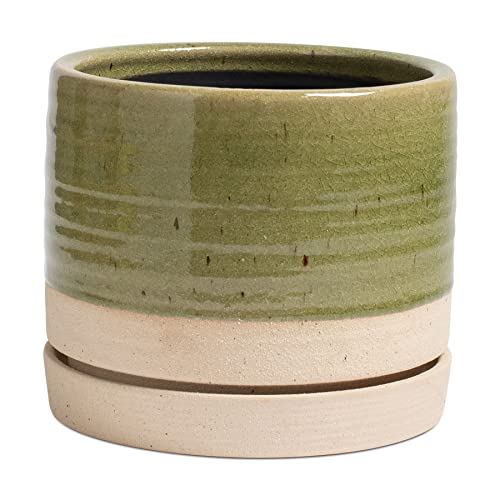 HERDUK 8 Inch Pots for Plants, Ceramic Planter Pot with Drainage Hole & Saucer, Indoor/Outdoor Cylinder Round Planter Pot, Green & Beige - color: Green & Beige, size: 8 Inch