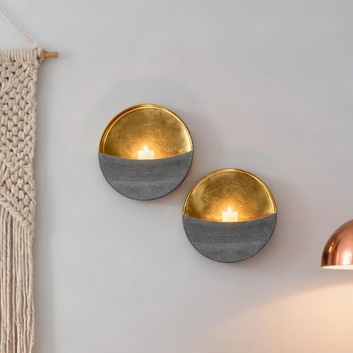 Eclipse Candle Sconces Set of 2, Wall Candle Holders with Gold Interior | Modern Gray Metallic Wall Candlestick Holders with Golden Foil Christmas Decor for Living Room, Bedroom, or Farmhouse Decor - color: Moon Gray