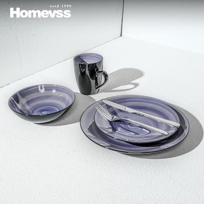 HomeVss, Sonoma Stoneware 16pc Dinnerware Set, Outside Black + Inside Hand Painting Color Cobalt - color: Cobalt