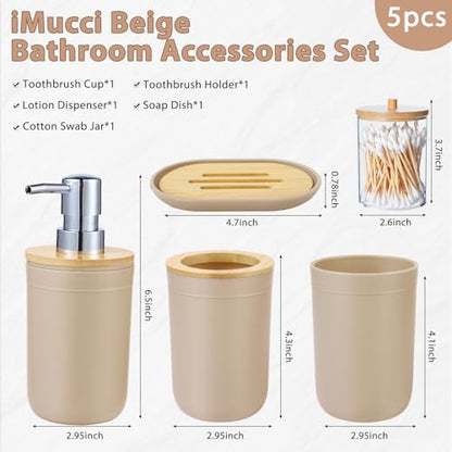 Bathroom Accessories Set 5Piece Beige Bathroom Sets, Toothbrush Holder, Toothbrush Cup, Lotion Soap Dispenser, Soap Dish and Qtip Holder Bathroom Decor - style: Beige