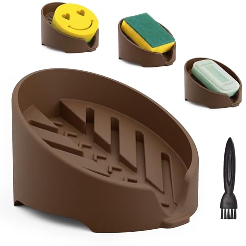 NiHome Silicone Sponge Holder for Kitchen Sink, Fits Scrub Daddy Mommy | Self-Draining Dispenser Organizer Tray, Sink Caddy Countertop Fits Soaps, Scrubber, Dishwasher Safe, Includes Brush - color: Coffee Brown