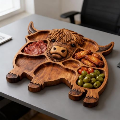 Highland Cow Wooden Charcuterie Board, Rustic Farmhouse Serving Board, Appetizer Board, for Snack Fruit Meat Cheese Home Party Banquet Family Gathering Dining Table Holiday Kitchen (B) - color: B