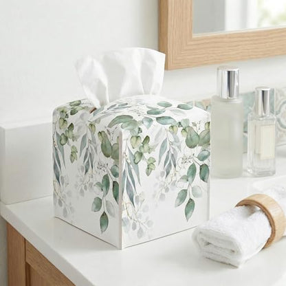 Leaves and Flowers Tissue Box Cover, Floral Leather Tissue Box Holder Square Facial Paper Organizer Dispenser for Bathroom Kitchen Bedroom Vanity Countertop Nightstands - color: Leaves and Flowers