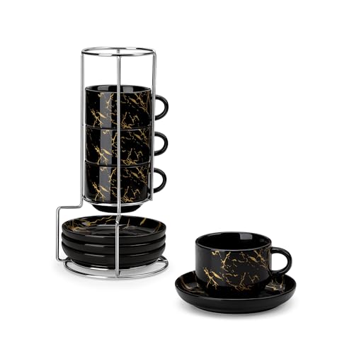 MALACASA 2.5 OZ Porcelain Espresso Cups with Saucers and Metal Stand Set of 4, Stackable Cappuccino Cups, Marble Black Expresso Shots Cup Set for Coffee Drinks, Latte, Tea - color: Marble Black, size: 2.5 Oz