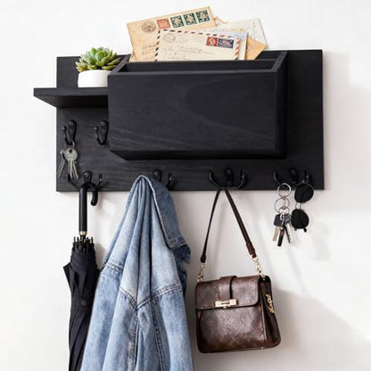 Key Holder Wall Mount, Wooden Mail Organizer with Hooks, Storage Shelf, Letter Box & Green Plant Decor, Practical Wall Entryway Organizer, Black