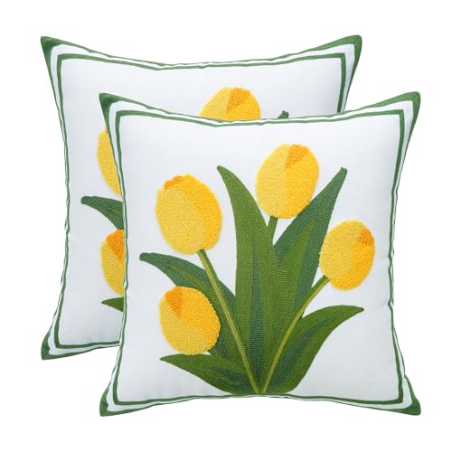 LUOYEHK Embroidered Throw Pillow Cover 18x18 Inch Set of 2 Farmhouse Floral Square Pillowcase Spring Canvas Cushion Covers for Living Room Sofa Bed (Yellow Tulip) - color: Yellow Tulip