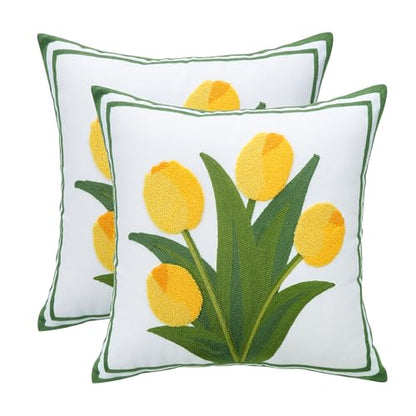 LUOYEHK Embroidered Throw Pillow Cover 18x18 Inch Set of 2 Farmhouse Floral Square Pillowcase Spring Canvas Cushion Covers for Living Room Sofa Bed (Yellow Tulip) - color: Yellow Tulip