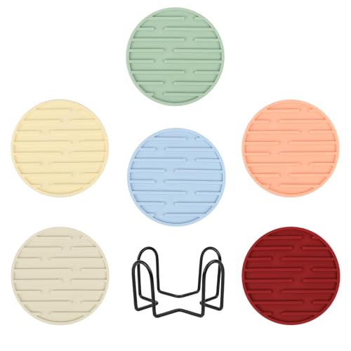 Silicone Coasters for Drinks Coaster Set of 6 pcs Cup Coasters with Holder for Coffee Table for Home Decor for Kinds of Cups Cute Tabletop Protection Suitable Gift for Friend Rubber Drink Coaster Set - color: Mix