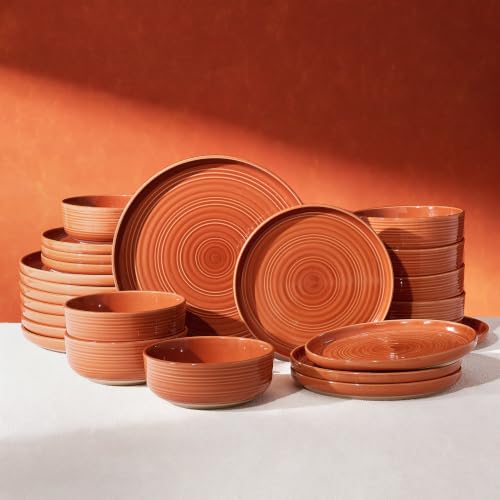 Dinnerware Set for 8, Ceramic Plates and Bowls, Terracotta | 24 pcs Speckled Spiral Coupe Dishes, Chip & Scratch Resistant Everyday Ceramics, Microwave & Dishwasher Safe, Farmhouse Style - color: Terracotta, size: Service for 8 (24pc)