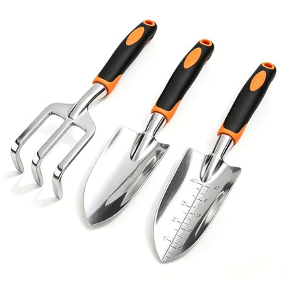 Stainless Steel Garden Tool Set，3 Pieces, Including Hand Shovel & Transplant Shovel & Hand Rake with Non-Slip Soft Ergonomic Handle (Orange) - color: orange