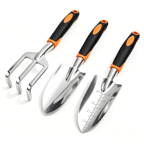 Stainless Steel Garden Tool Set，3 Pieces, Including Hand Shovel & Transplant Shovel & Hand Rake with Non-Slip Soft Ergonomic Handle (Orange) - color: orange