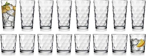 Home Essentials Drinking Glasses Set of 16, 8 Highball Glasses -17 oz., 8 Rocks Whiskey Glass Cups 13 oz., Inner Circular Lensed Glass Cups. - size: 16 Piece Set (8 x 17 oz Highball, 8 x 13 oz Rocks)
