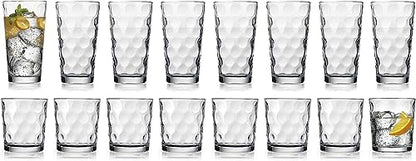 Home Essentials Drinking Glasses Set of 16, 8 Highball Glasses -17 oz., 8 Rocks Whiskey Glass Cups 13 oz., Inner Circular Lensed Glass Cups. - size: 16 Piece Set (8 x 17 oz Highball, 8 x 13 oz Rocks)