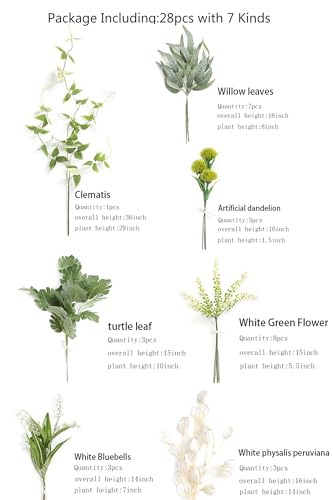 Serra Flora Artificial Greenery Spray Box Set(Pack of 28pcs) with 7 Kinds of DIY Wedding Bouquet Filler Table Centerpieces and Floral Arrangement (White&Green) - color: White&green