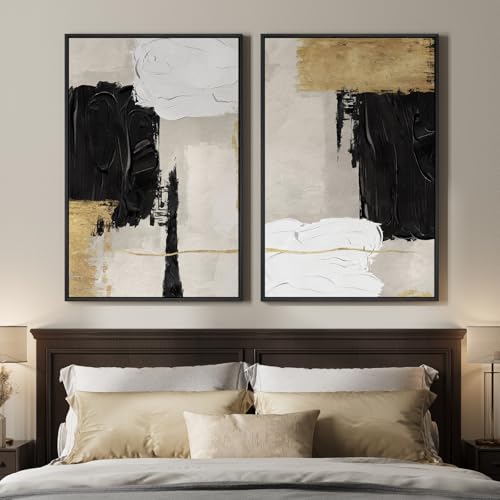 Framed Black and White Abstract Wall Art for Living Room, Set of 2 Gold Modern Minimalist Canvas Artwork for Walls, Large Black White and Gold Luxury Prints Wall Decor for Bedroom Hallway, 24x36 Inch - color: Black Neutral Gloden