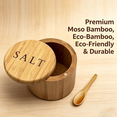 Bamboo Salt Box with Spoon, Magnetic Swivel Lid, 6oz Salt Cellar | Premium bamboo, 6oz capacity, includes spoon, magnetic swivel lid, perfect for countertop salt, spices and seasoning.