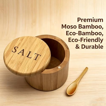 Bamboo Salt Box with Spoon, Magnetic Swivel Lid, 6oz Salt Cellar | Premium bamboo, 6oz capacity, includes spoon, magnetic swivel lid, perfect for countertop salt, spices and seasoning.