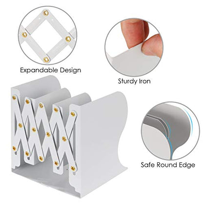 Adjustable Book Ends, Metal Iron Non Skid Boo kends, Expandable Bookcase Bookend Stand Holder Book Storage Rack, Heavy Bookends for Office Desk, Shelf, Stationery (White)