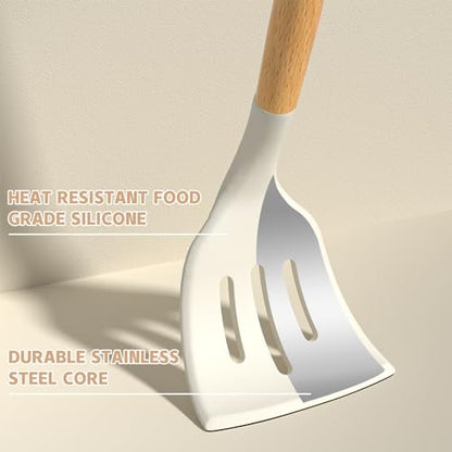 Umite Chef Kitchen Cooking Utensils Set, 33 pcs Non-stick Silicone Cooking Kitchen Utensils Spatula Set with Holder, Wooden Handle Silicone Kitchen Gadgets Utensil Set (Cream White) - color: Cream White