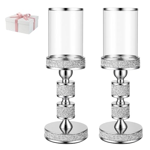 Hurricane Candle Holder, 13.5" Tall Candle Stand, Metal Pillar Holder | Crystal Candle Holders for Table Centerpieces, Home Decor, Wedding, Dining Table - color: Silver, size: Medium