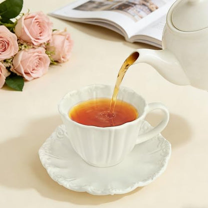 8oz Tea Cups and Saucers, Ceramic Latte Cup,Relief Cappuccino Cup and Saucer Set, Elegant Porcelain Tea Cups, Espresso Cup Set Dishwasher & Microwave Safe,White - color: White