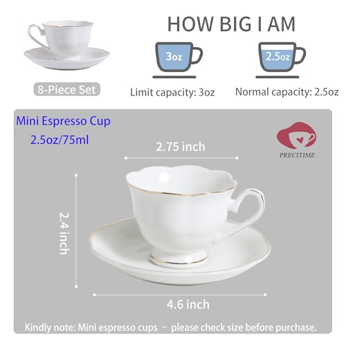 White Porcelain 75ml Demitasse Set of 8 (16-Piece) - 2.5oz Espresso Cups & Saucers, Elegant White & Gold Trim Coffee Set for Turkish Coffee, After Dinner, Gift Giving - size: 2.5oz