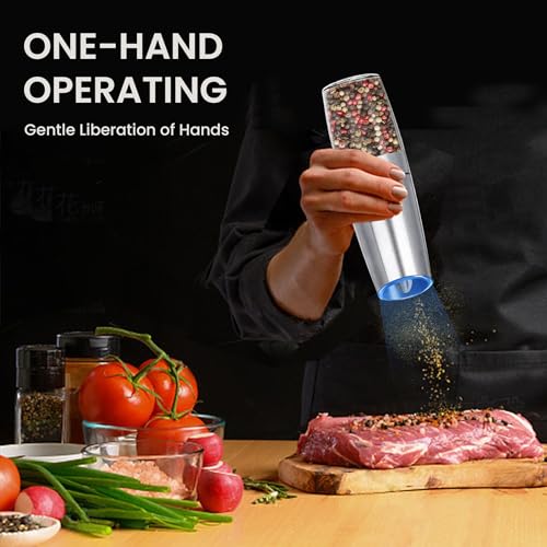 Battery Operated Salt And Pepper Grinder Set 2 Pack (Silver) | Gravity-Activated Automatic Grinder With Led Light & Adjustable Coarseness, Each Uses 6 Aaa Batteries,Kitchen Daily Seasoning - color: Battery/2pcs/Silver