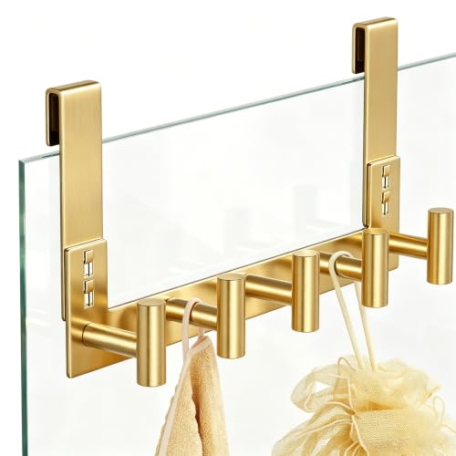 PMMASTO No-Drill Extra Long Shower Hooks, Fits 3/8" Thick Door, Heavy Duty Stainless Steel Towel Hooks for Frameless Glass Shower Door, Holds Bathrobe Towel (Gold, 5 T-Hooks) - color: Gold, size: 7.5 Inch-5 T-Hooks, Fits 3/8" Thick Door