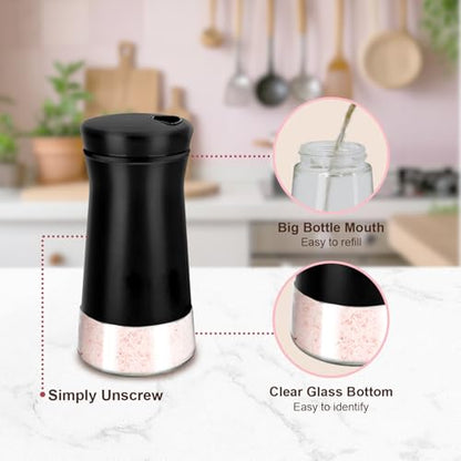 Black Salt and Pepper Shakers with Adjustable Pour Holes, Farmhouse Glass Salt Shaker with Stainless Steel Lids, Refillable Shaker by Aelga, Ideal for Himalayan, Kosher and Black Pepper - color: Black