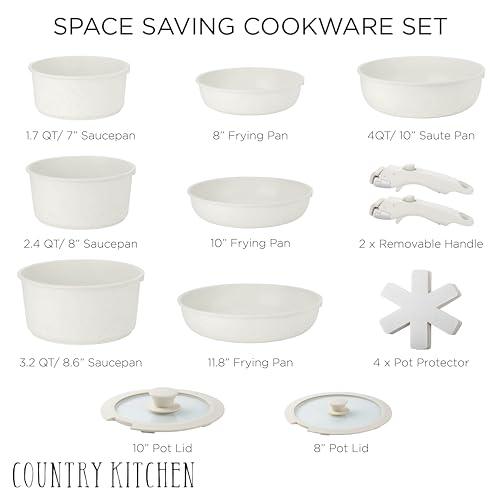 Country Kitchen Cookware Set with Removable Handle, Oven & RV Safe Pots and Pans Set, Cream, Deluxe Larger Set - color: Cream, size: Larger