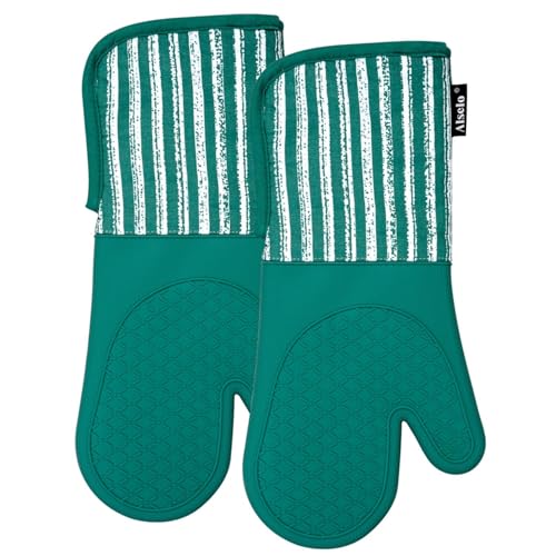 Alselo Silicone Oven Mitts Heat Resistant 932℉ with Waterproof & Non-Slip | Kitchen Mittens Set of 2,Extra Long 7.5"x15" Gloves with Soft Cotton Terry Lining for Baking Cooking BBQ (Emerald Green,2) - color: Emerald Green