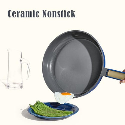 CAROTE Ceramic Cookwar Set, Pots and Pan Set Non Stick 18 Piece, Cookware Set Kitchen Cooking Set Non Toxic, PFAS PTFE Free, Blue
