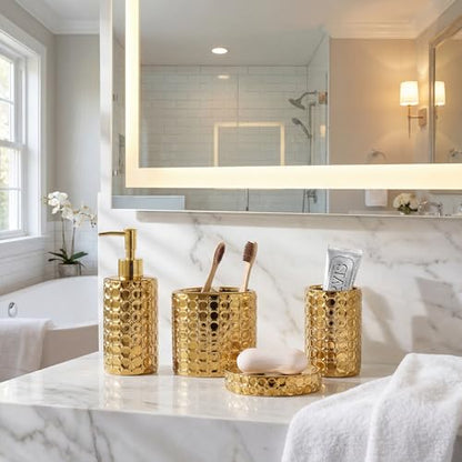 Gold Ceramic Bathroom Accessories Set, 4 Piece, Honeycomb Design with Soap Dispenser Pump, Tumbler, Toothbrush Holder, Soap Dish - color: Gold