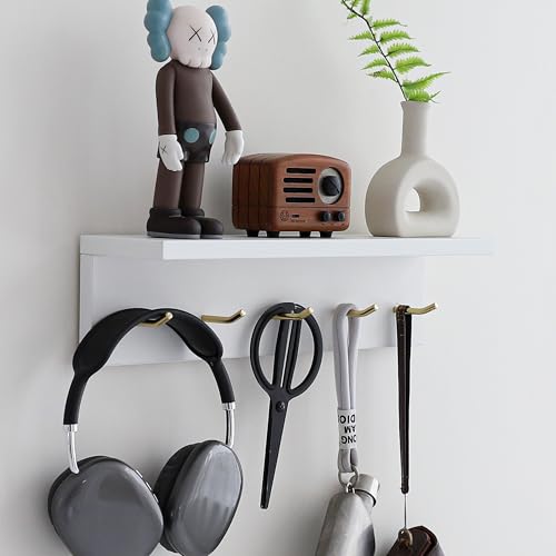 Wall Mounted Coat Rack with Shelf & Key Hooks, 5 Brass Hooks Entryway Organizer, Modern Floating Shelf for Bedroom Hallway, Space-Saving Home Storage Rack (1, White) - color: White