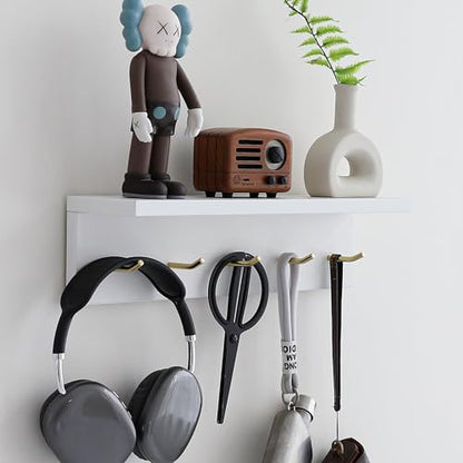 Wall Mounted Coat Rack with Shelf & Key Hooks, 5 Brass Hooks Entryway Organizer, Modern Floating Shelf for Bedroom Hallway, Space-Saving Home Storage Rack (1, White) - color: White