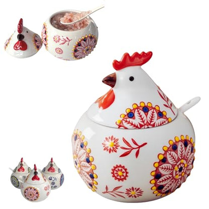 13.5 Oz Salt Cellar With Lid and Spoon (Red)- Ceramic Chicken Spice Jars for Salt, Sugar, Pepper - Spice Containers for Countertop - color: Red